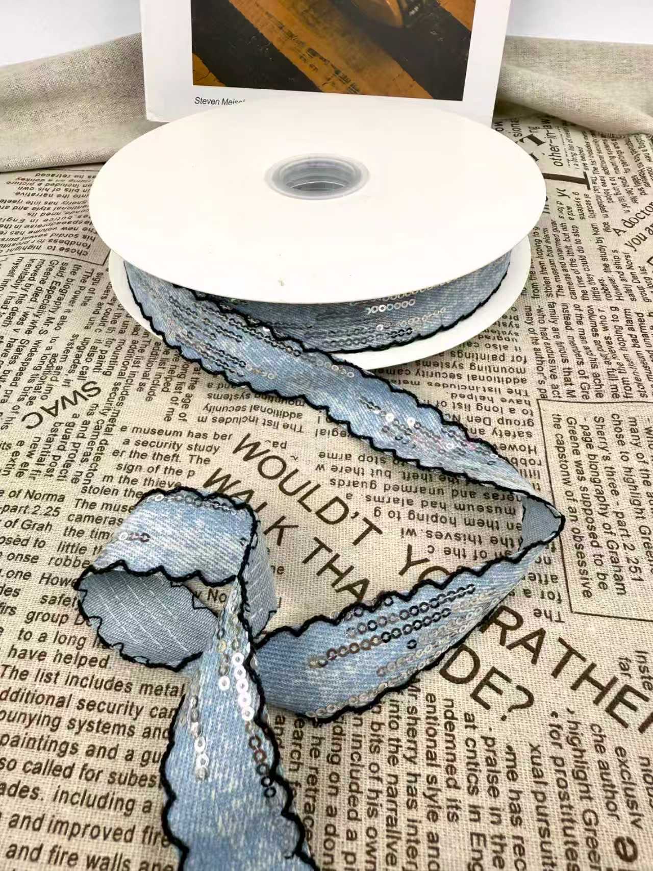 Eco-friendly One Inch Sequin Edged Washed Denim Webbing Trim Stylish Durable Ribbon Hair Accessories DIY Crafts Garment