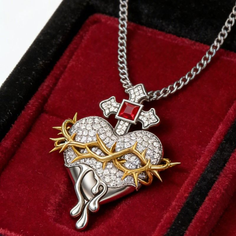 Two-Tone Crown of Thorns Sacred Heart / Praying Hands Pendant Christian Faith Jewelry