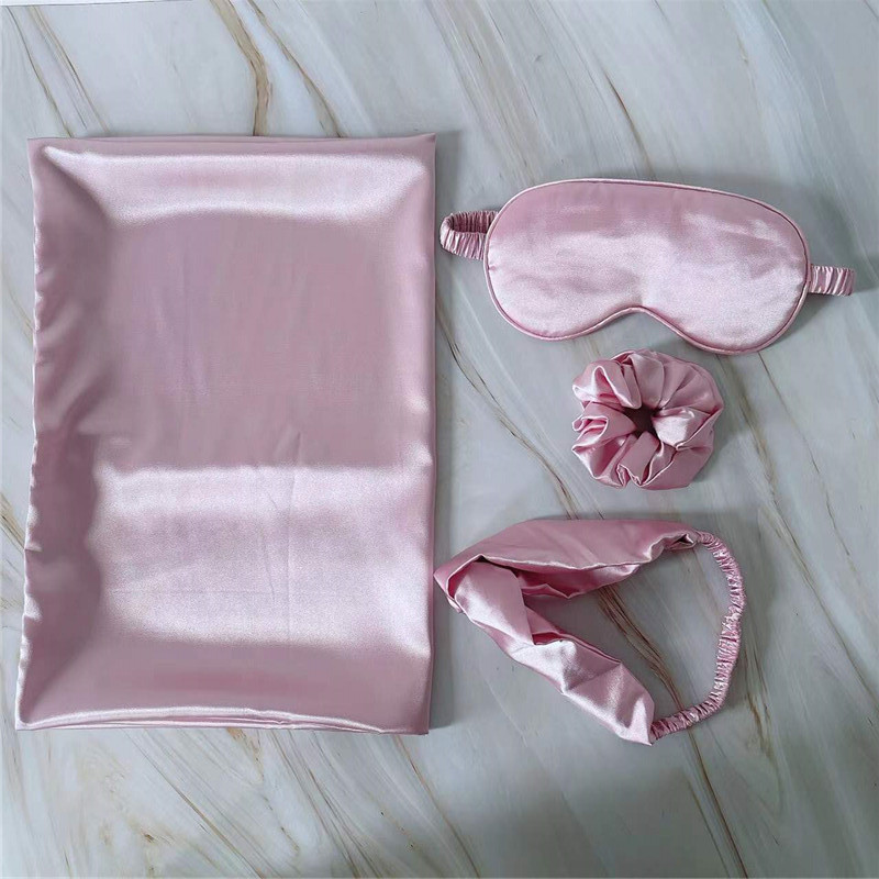 Factory Silk-like Satin Light-blocking Eye Mask &amp; Pillowcase 4pcs-Set with Scrunchies Hair Accessories Gift Box Eye Protection