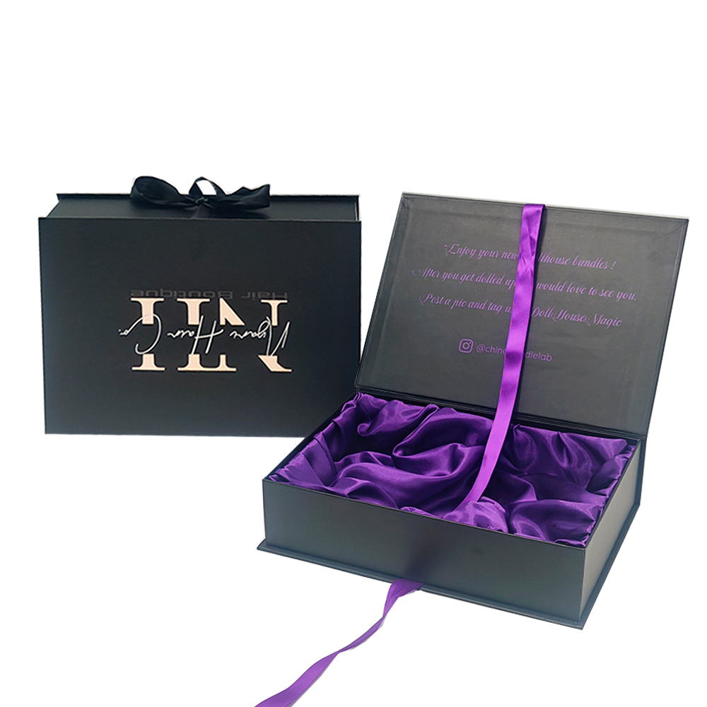 Wholesale Luxury Black Velvet Lace Hair Wig Packaging Kit Custom Logo Magnetic Paper Folder Embossed Recycled Ties Belts