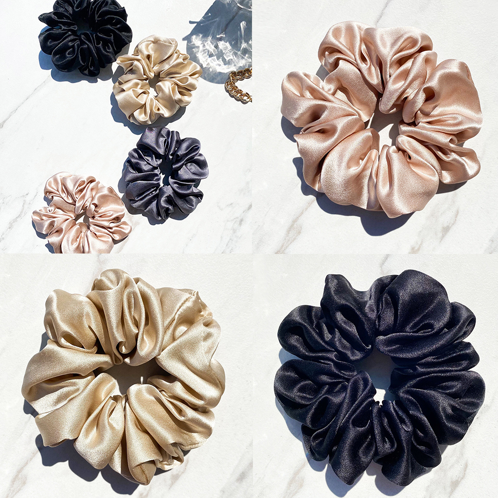 Wholesale Custom Silk Satin Scrunchie with logo Solid Color Silk Crunchies Hair Ties for Woman