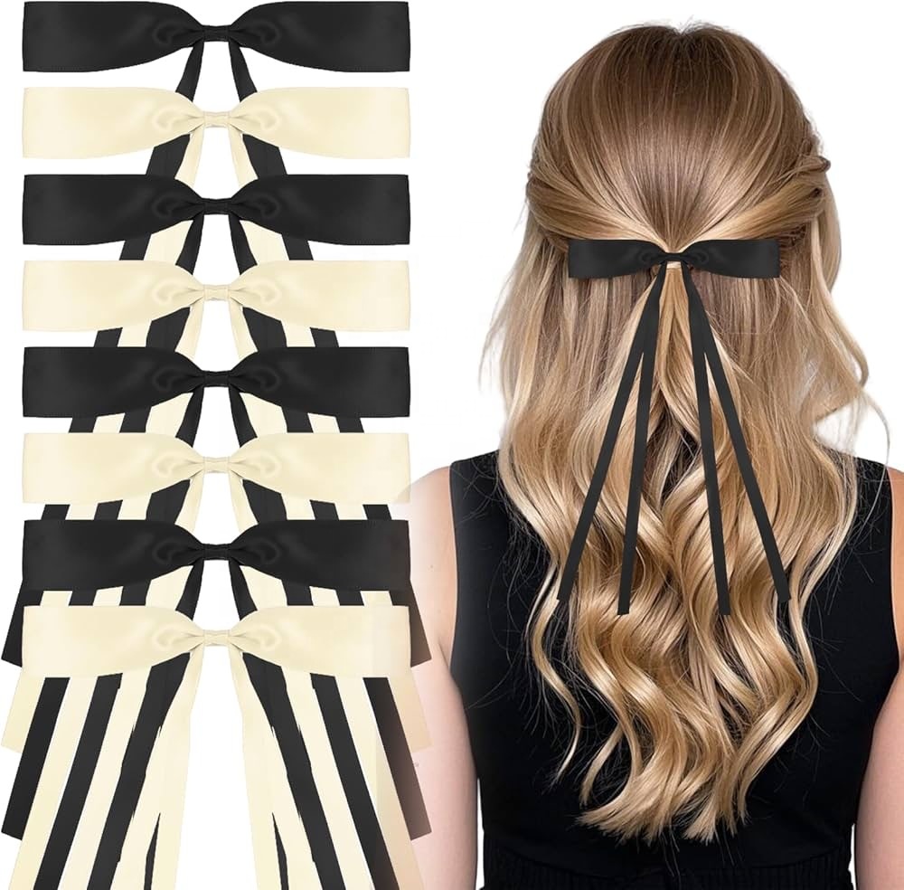 Handmade Black White Satin Ribbon Hair Bow Clip Long Tails Hair Accessory Sweet Style Polyester Material Direct Manufacturer