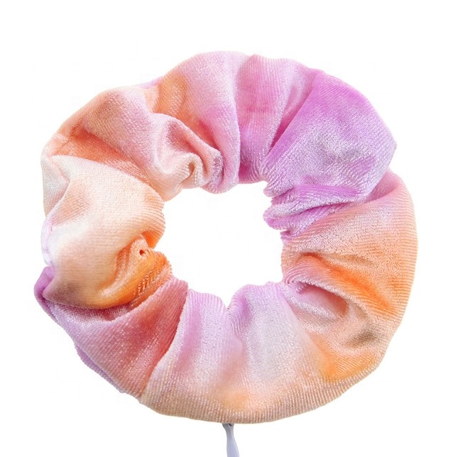 Factory Wholesale Custom Tie-dyed Elastic Hair Ties Fashion Velvet Pocket Hair Scrunchies With Zipper