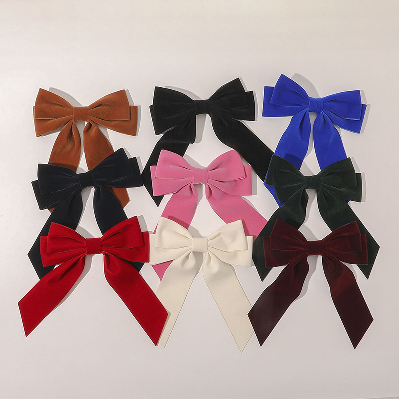 Customize Solid Color Velvet Bowknot Hairpins OEM/ODM Girl Long Ribbon Streamer Hair Clip Personalize Women Elegant Barrettes