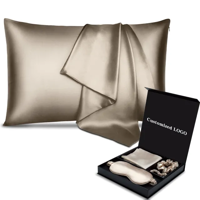 Custom Embroidery Logo Silk Eye Mask And Scrunchie Silk Pillowcase Set 6A Grade Soft Silk Pillow Case With Custom Logo Box