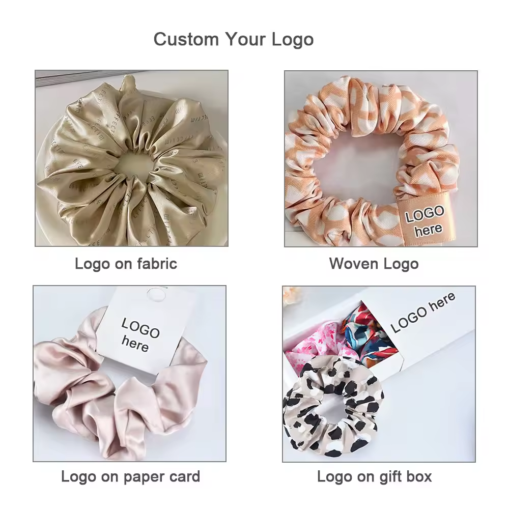 SC3040C Small MOQ Custom Label Elastic Hairband Silk Satin Hair Ties Custom Personalized Pattern Printed Scrunchies
