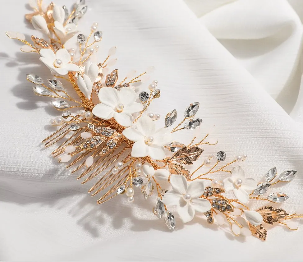 Natural Pearl Hair Comb, Porcelain Flower Headpiece. Bridal Wedding Hair Accessories