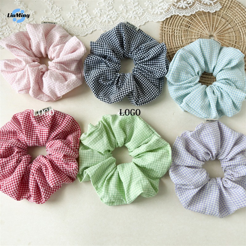 Ready to Ship Audited Factory Wholesale Women Hair Accessories Custom Print Plaid Fabric Girls Elastic Hair Scrunchies