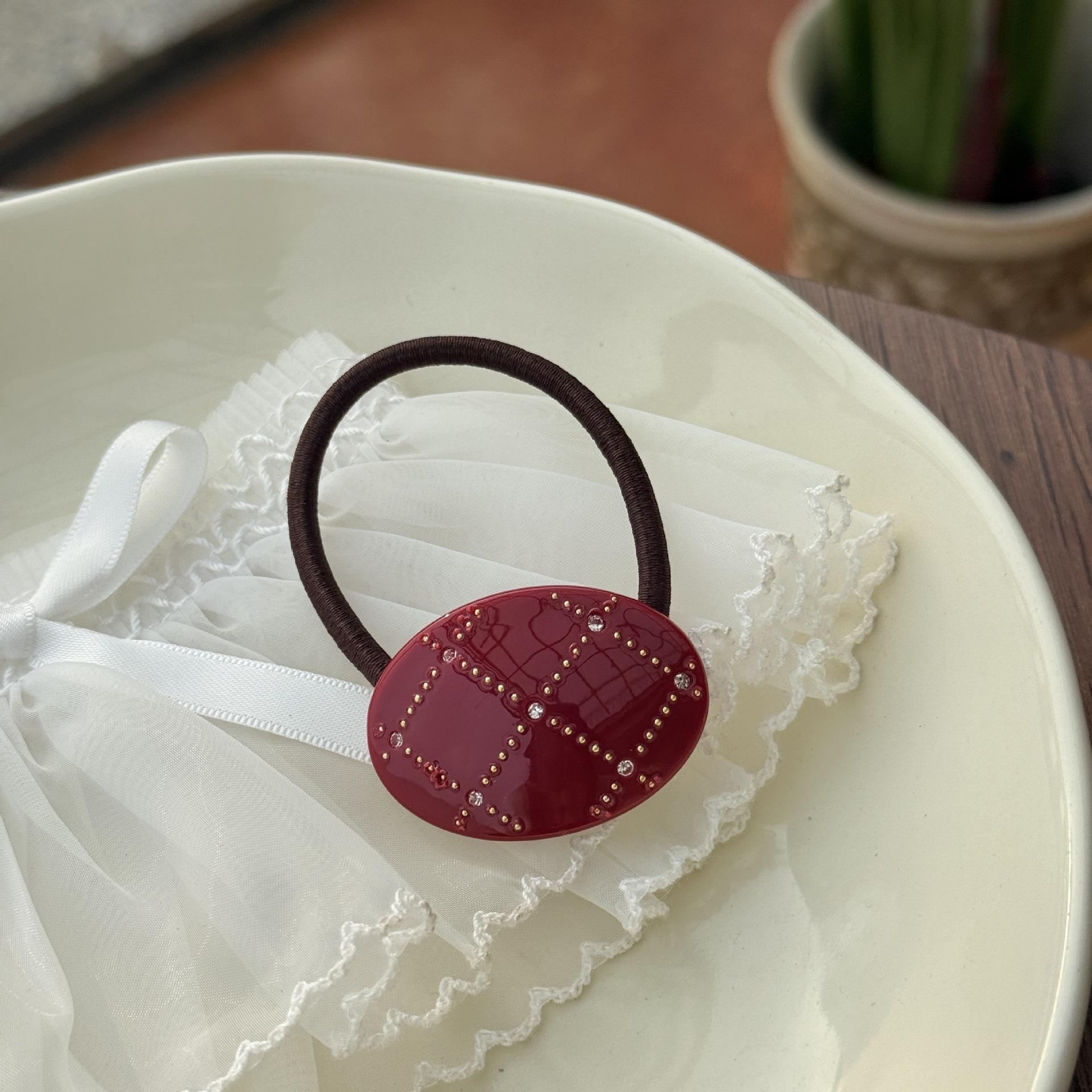 New Design Sweet Oval Shaped Solid Color Acetate Hair Tie Inlaid Rhinestone Grid Durable Elastic Ponytail Rubber Band for Girls