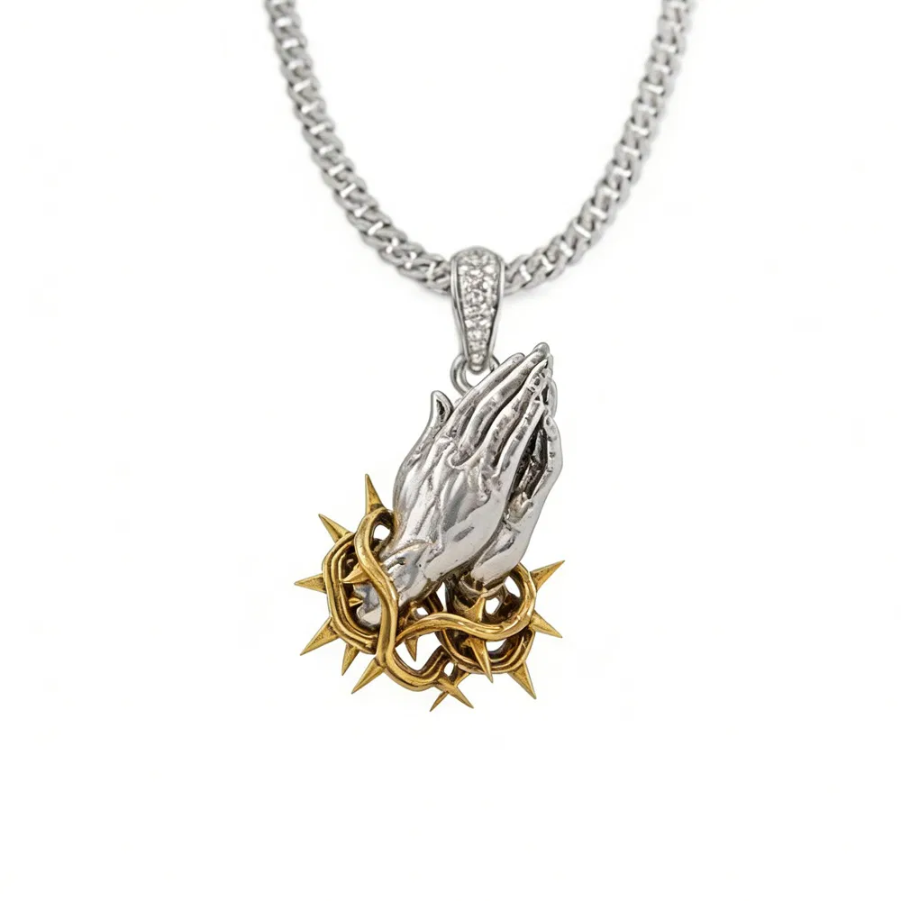Two-Tone Crown of Thorns Sacred Heart / Praying Hands Pendant Christian Faith Jewelry