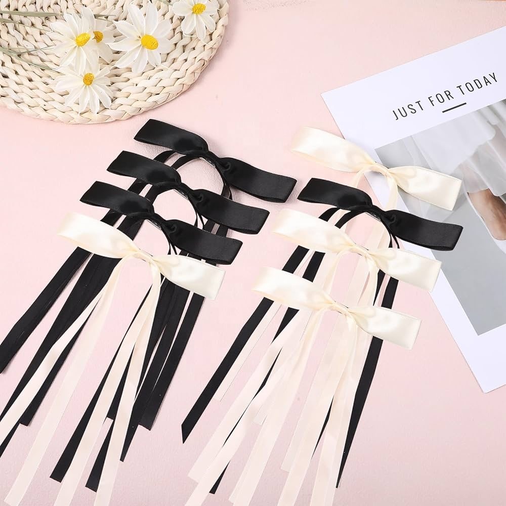 Handmade Black White Satin Ribbon Hair Bow Clip Long Tails Hair Accessory Sweet Style Polyester Material Direct Manufacturer