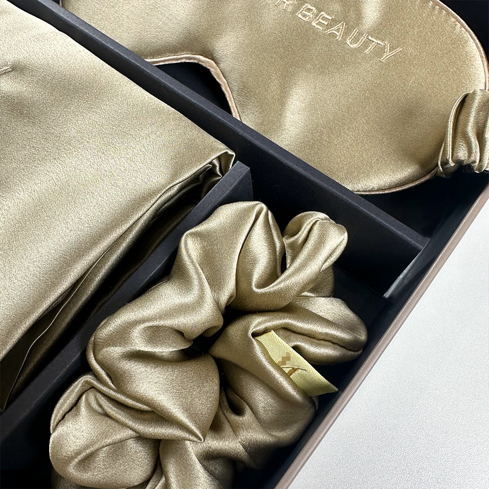 New Arrival Luxury Silk Pillowcase Silk Hair Scrunchies And Sleep Mask Set Custom Embroidery Silk Pillow Case