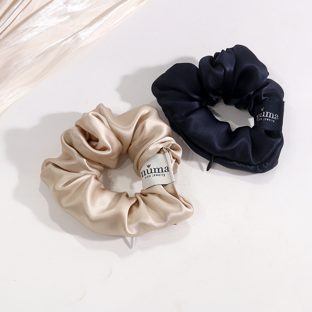 SC251255 Custom Logo Label Zipper Pocket Solid Color Hair Ties Custom Large Mulberry Real Silk Hair Scrunchies Wholesale