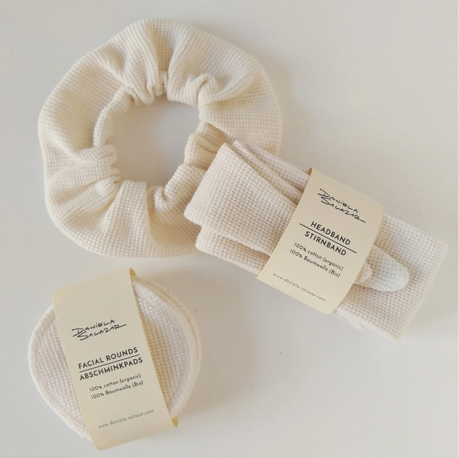 CustomLogo High Quality Reusable 100% Organic Cotton Hypoallergenic Comfortable Facial Cleansing Pad Headband Hair Scrunchie Set