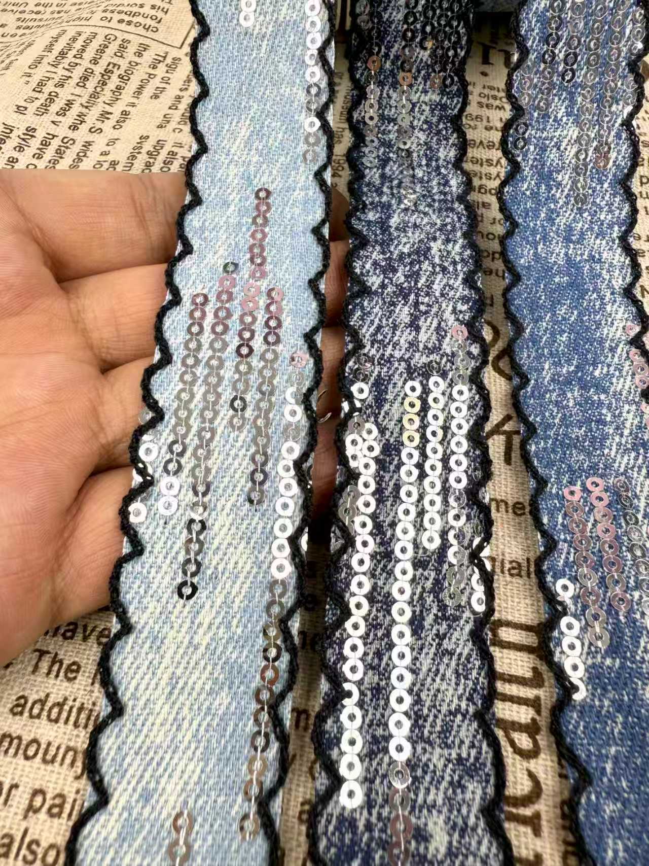Eco-friendly One Inch Sequin Edged Washed Denim Webbing Trim Stylish Durable Ribbon Hair Accessories DIY Crafts Garment