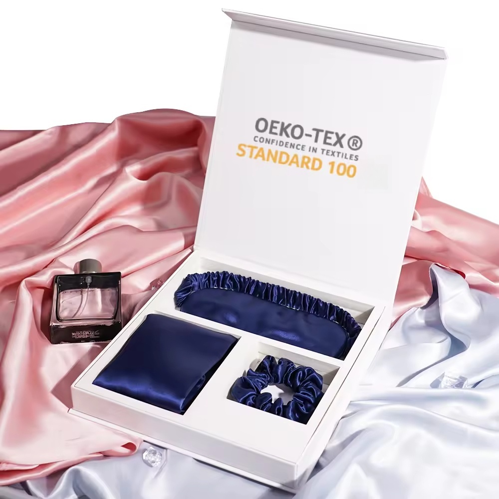 Luxury Silk Gift Set Custom Logo Hair Scrunchies Pillowcase And Sleep Mask 100% Mulberry 6A Grade Silk Pillow Case Box