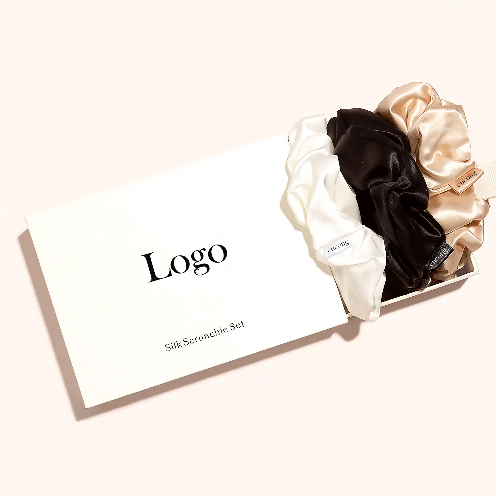 Scrunchies Customized Personalized Luxury 4cm 3.5cm Elastic Hair Embroidered Mulberry Silk Scrunchies Set With Box Logo