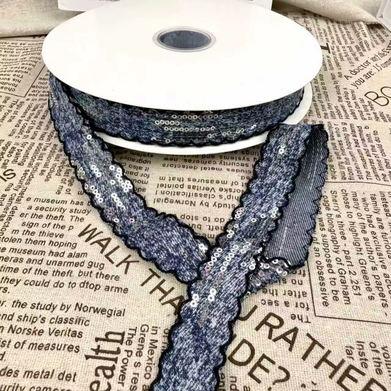Eco-friendly One Inch Sequin Edged Washed Denim Webbing Trim Stylish Durable Ribbon Hair Accessories DIY Crafts Garment