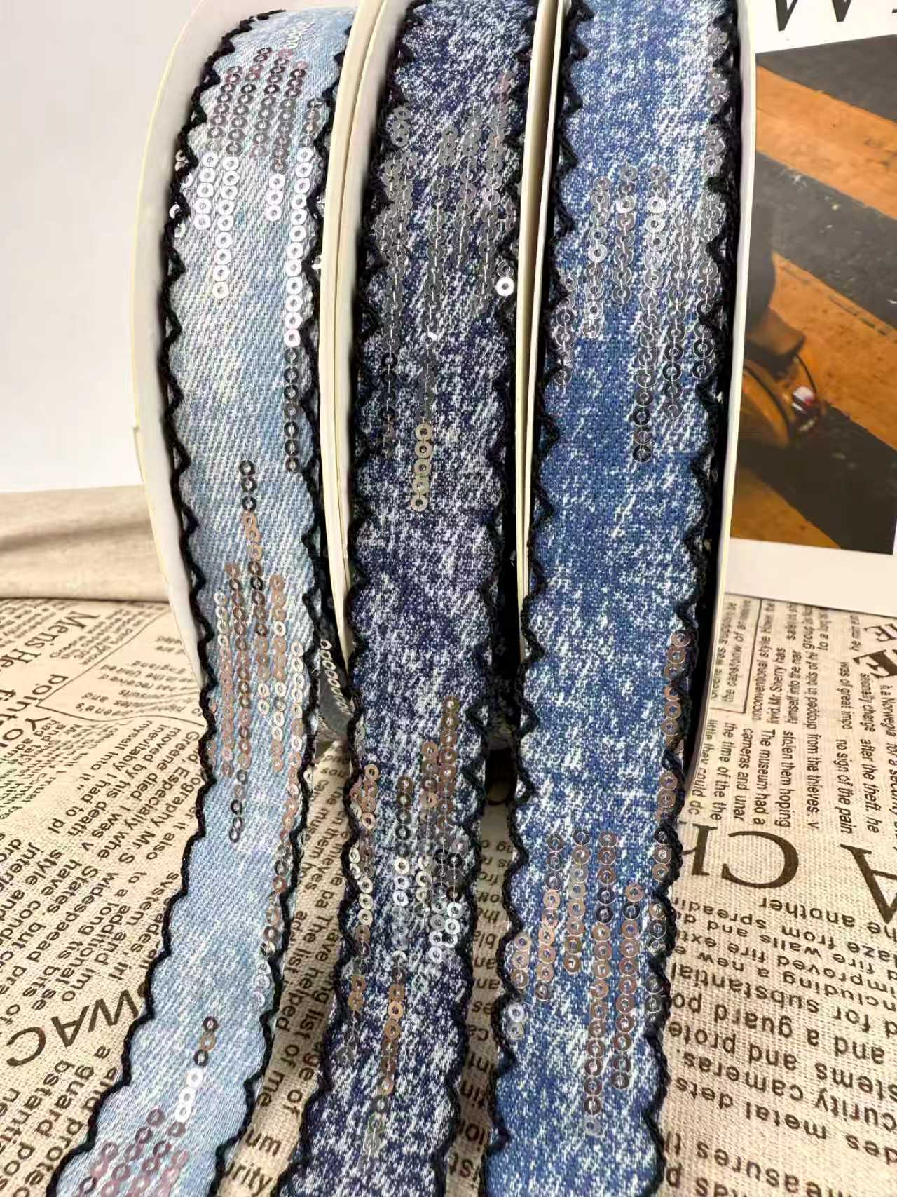Eco-friendly One Inch Sequin Edged Washed Denim Webbing Trim Stylish Durable Ribbon Hair Accessories DIY Crafts Garment