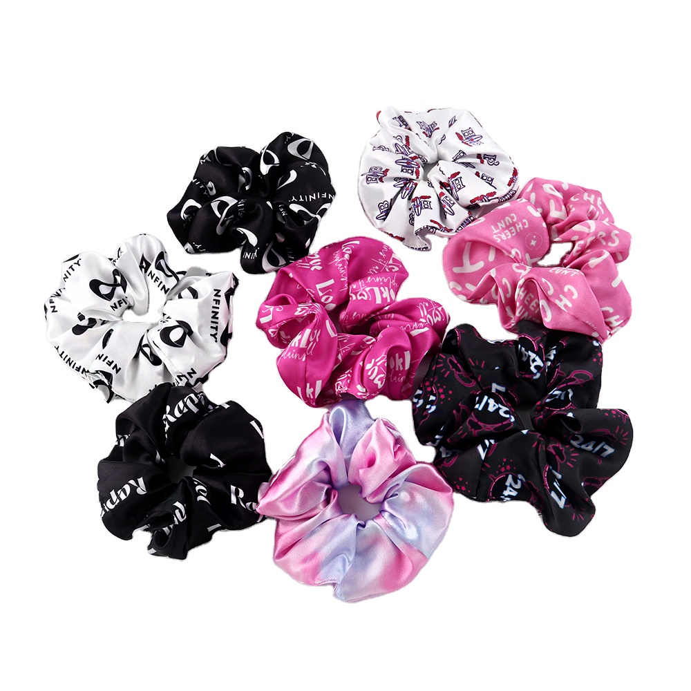 SC3040C Small MOQ Custom Label Elastic Hairband Silk Satin Hair Ties Custom Personalized Pattern Printed Scrunchies