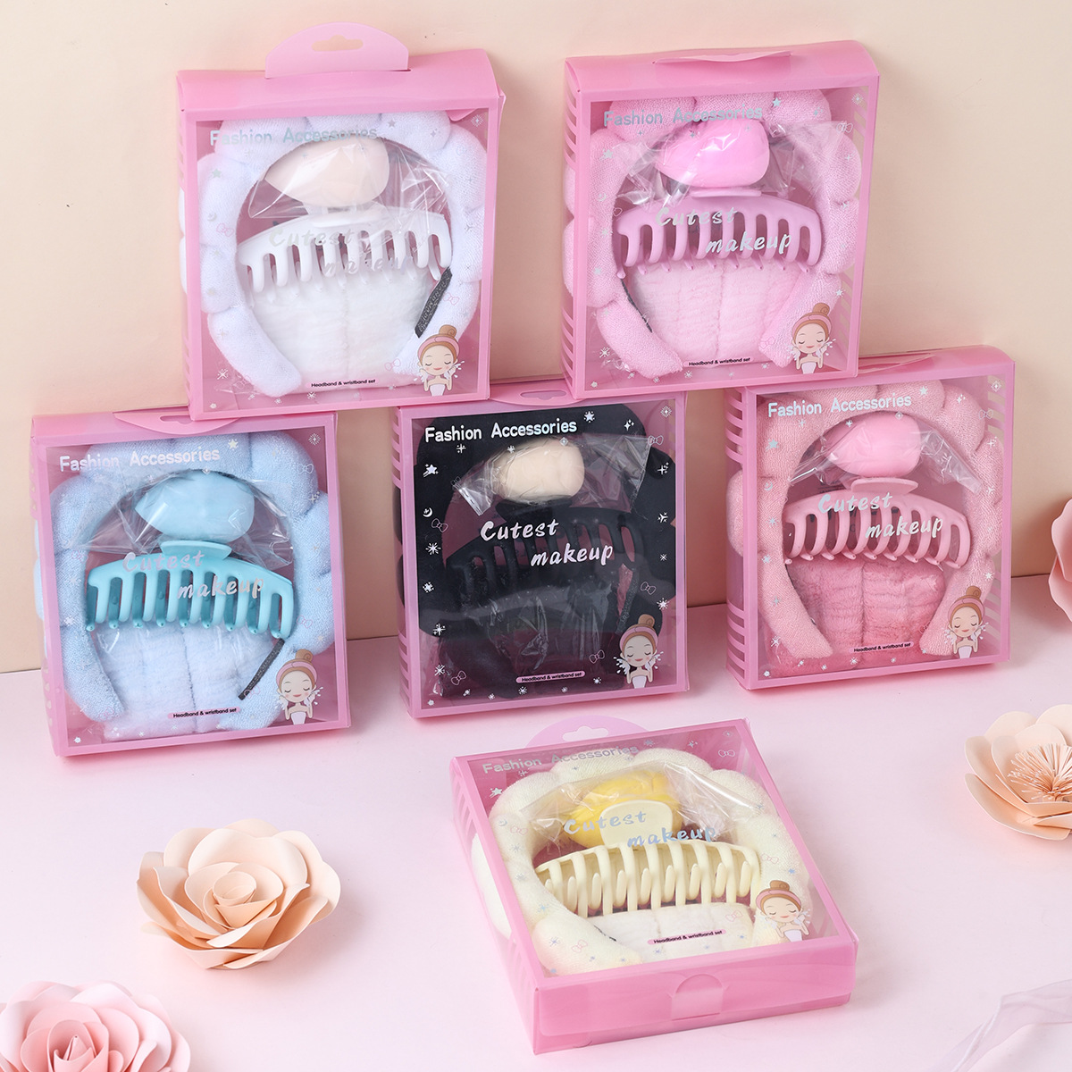 Manufacturer Custom Logo Design Fashionable Solid Color Hair Claw Clips Fabric Headband Girls Hair Accessory Gift Set