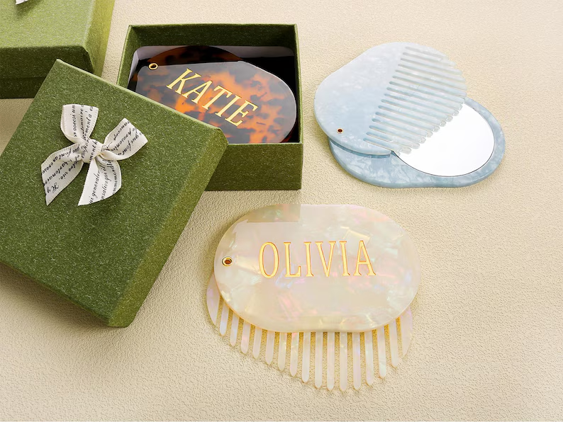 DOWELL Elegant Engraved Name Mirror Comb Custom Acetate Handmade Eco-Friendly Gift Box Personalized Hair Comb Bridesmaid Gift