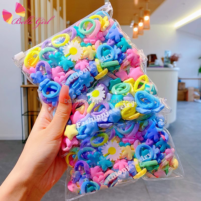 BELLEWORLD Yiwu Baby Kids Hair Tie Ring Accessories Synthetic Hair Rope 20pcs/bag No Damage Kawaii Hair Band with Rabbit Heart