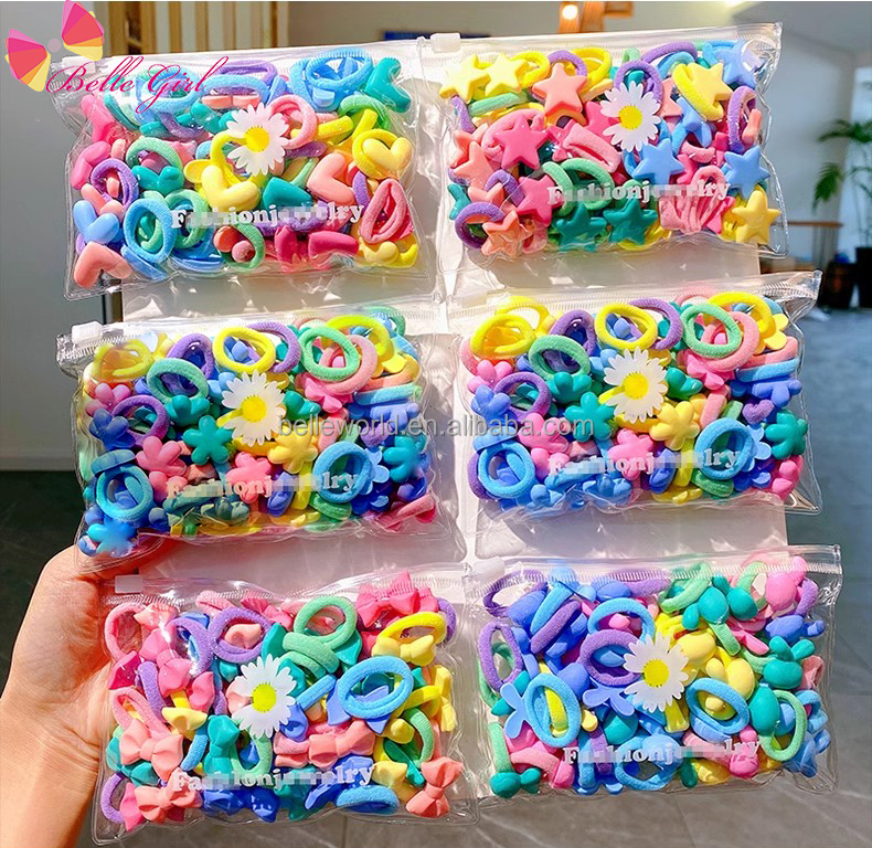 BELLEWORLD Yiwu Baby Kids Hair Tie Ring Accessories Synthetic Hair Rope 20pcs/bag No Damage Kawaii Hair Band with Rabbit Heart