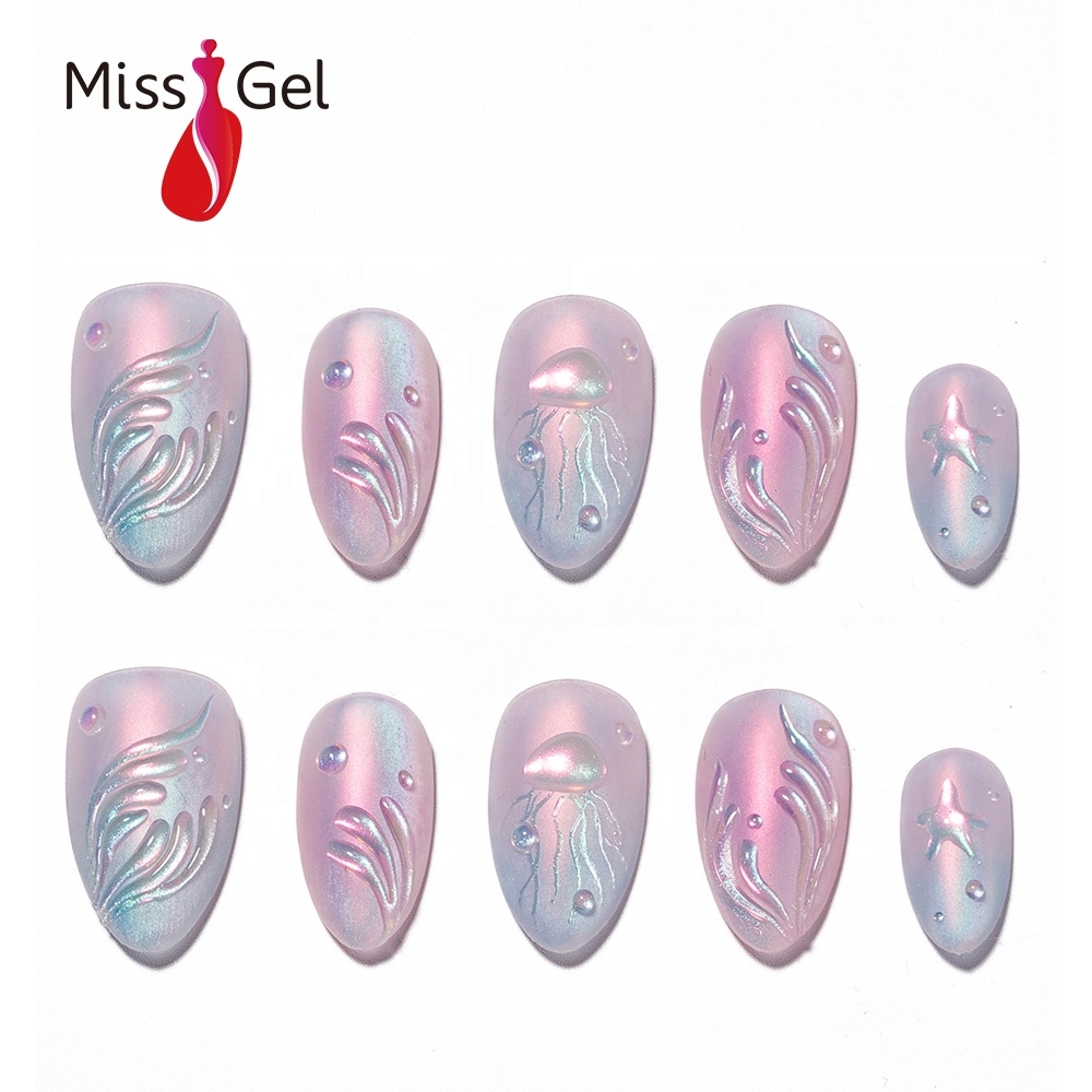 Wholesale Aurora Chrome Press on Nails 32pcs Soft Gel Handmade Jellyfish Nail Art Reusable Almond Nail Tips for Finger