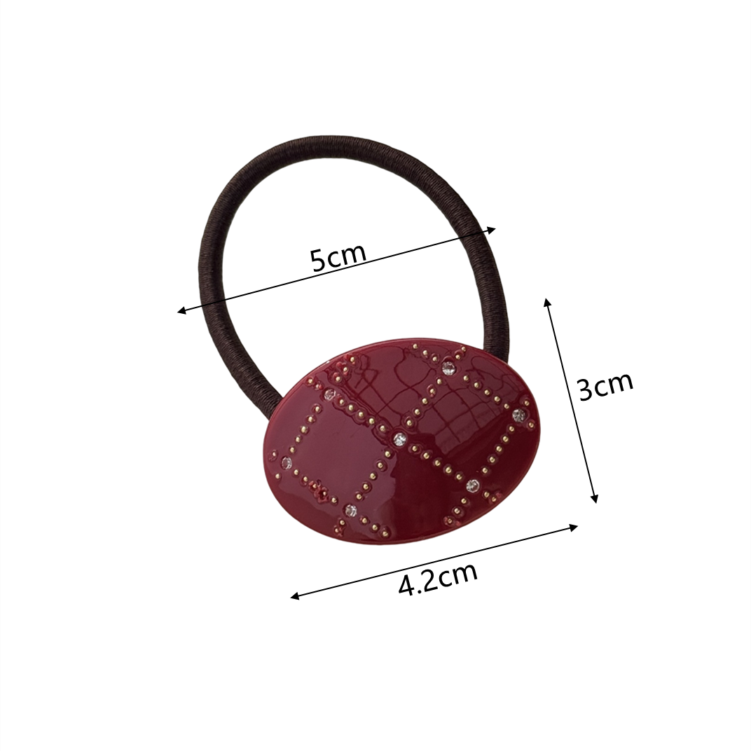 New Design Sweet Oval Shaped Solid Color Acetate Hair Tie Inlaid Rhinestone Grid Durable Elastic Ponytail Rubber Band for Girls