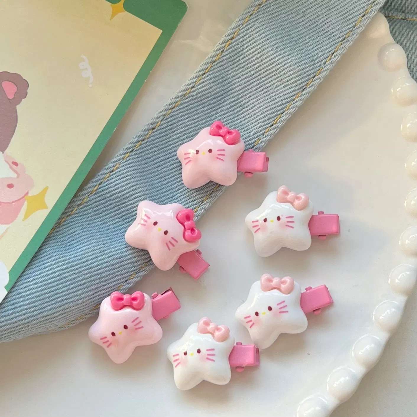 Kt Cat Pentagram Pink and White Cute Star Cat Hair Clip Set Sweet Small Clip Japanese Cartoon Headwear Female Hair Accessories