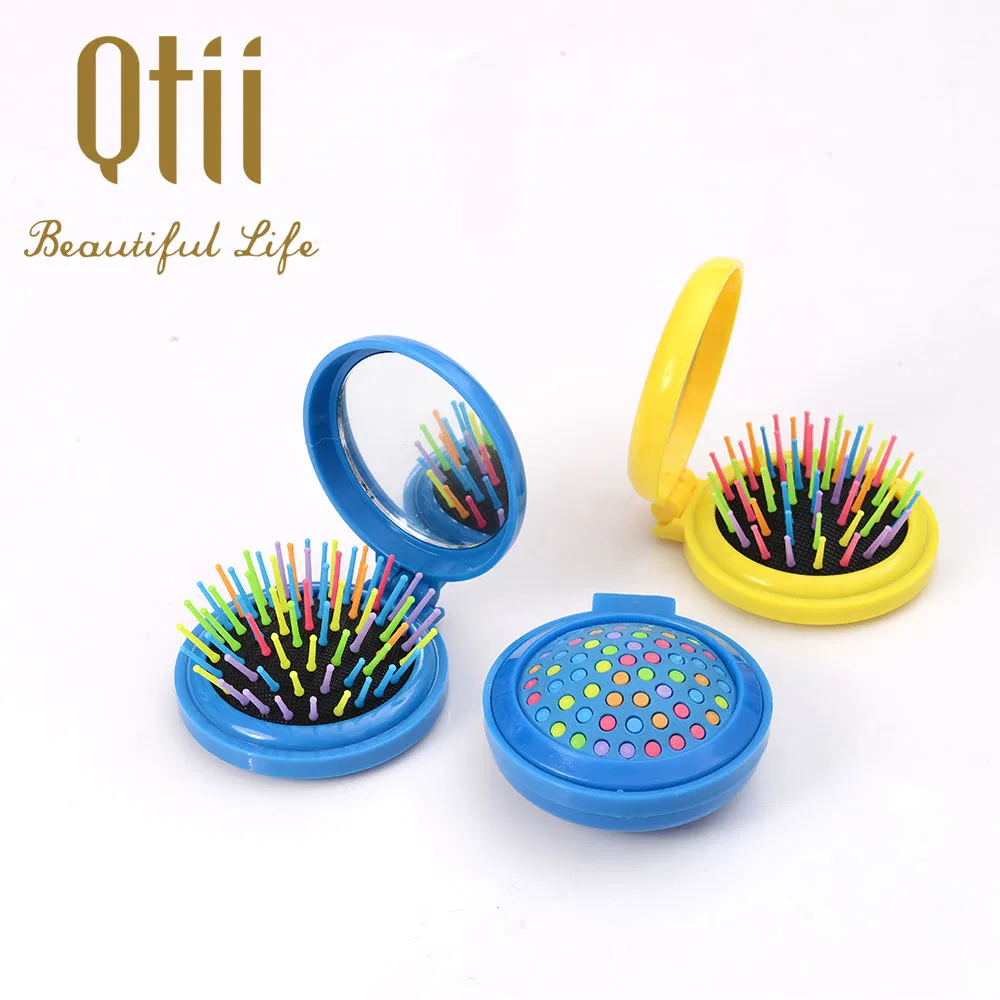Round Folding Comb with Mirror Pocket Hair Brush for Adults and Kids During Travelling or at Home