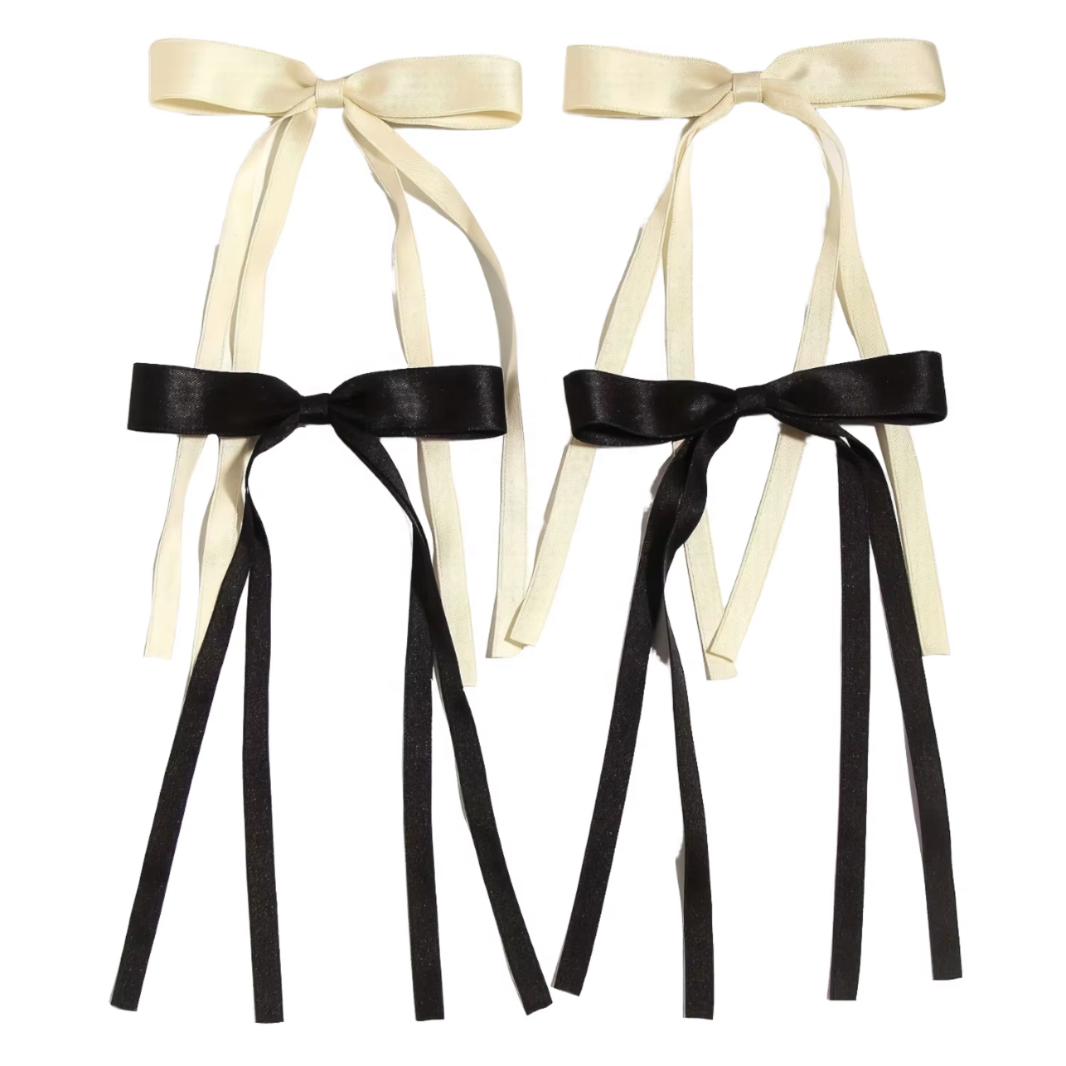 Handmade Black White Satin Ribbon Hair Bow Clip Long Tails Hair Accessory Sweet Style Polyester Material Direct Manufacturer