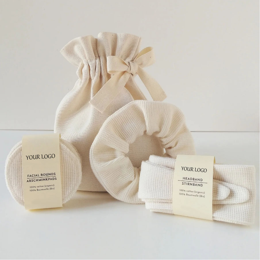 CustomLogo High Quality Reusable 100% Organic Cotton Hypoallergenic Comfortable Facial Cleansing Pad Headband Hair Scrunchie Set
