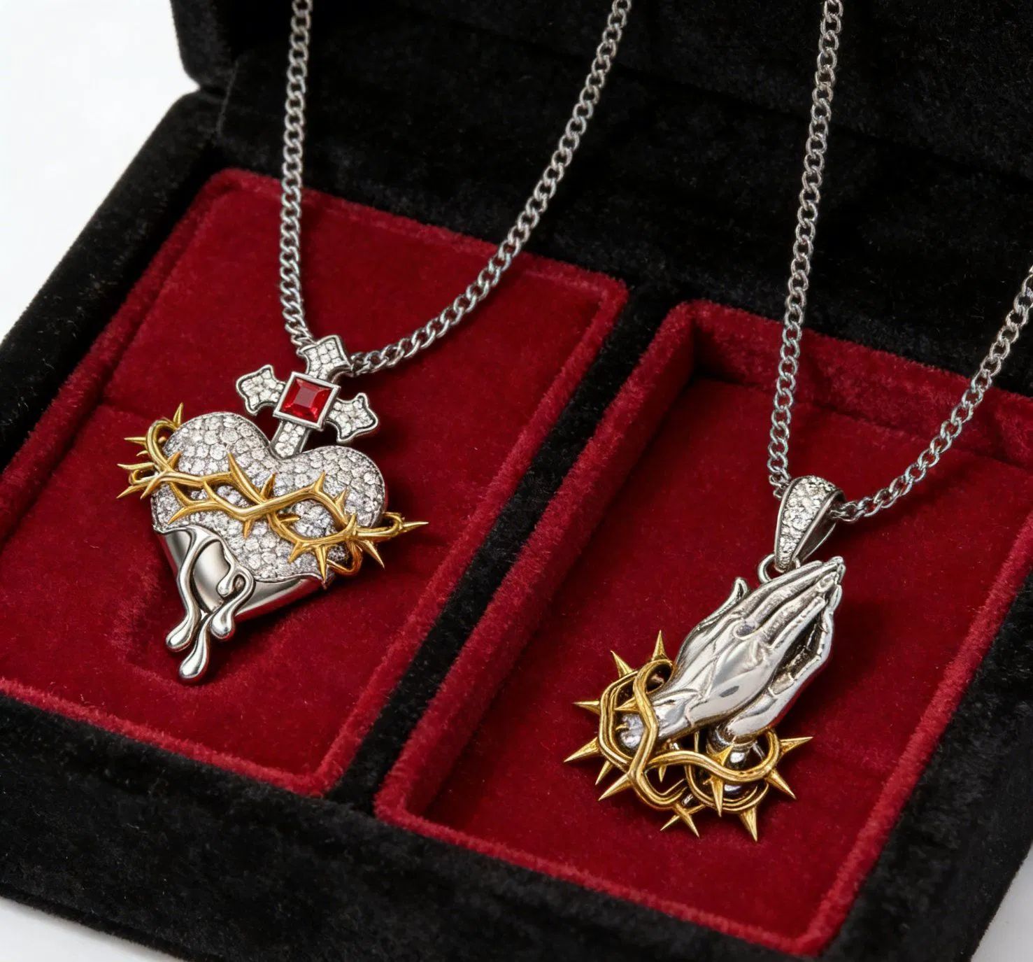 Two-Tone Crown of Thorns Sacred Heart / Praying Hands Pendant Christian Faith Jewelry