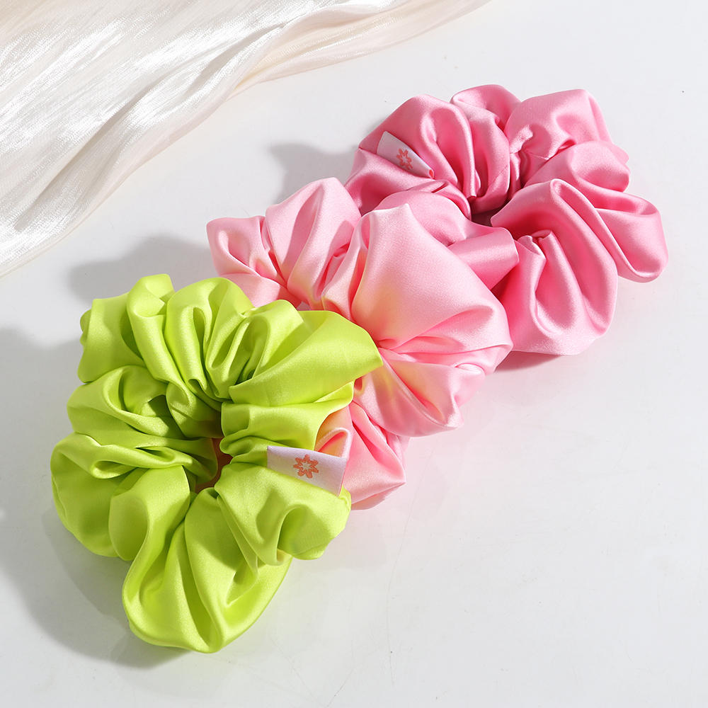 SC3040C High Quality Women Solid Pink Lime Color Large Big Hair Ties Elastic Custom Satin Hair Hairband Scrunchies