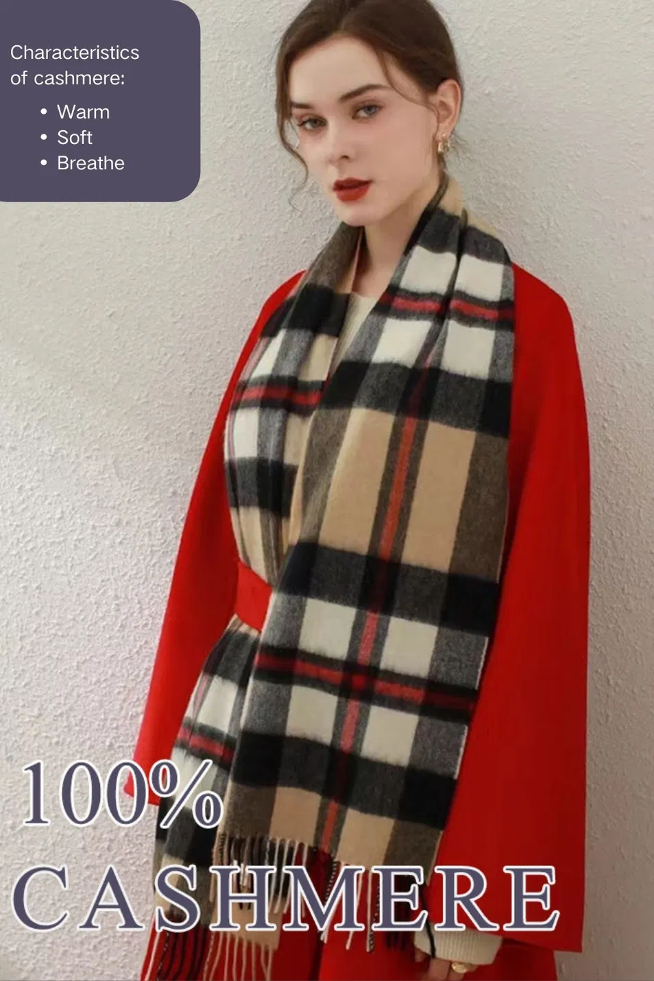 Premium 100% Cashmere Plaid Scarf Winter Luxury Thermal Unisex Tartan Wrap Soft Breathable Accessory