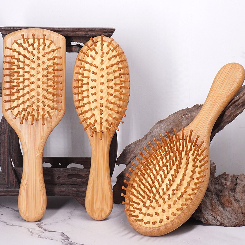 2026 Natural Organic Comb Customized logo Natural Bamboo Hair Brush Biofriendly airbag Hairbrush