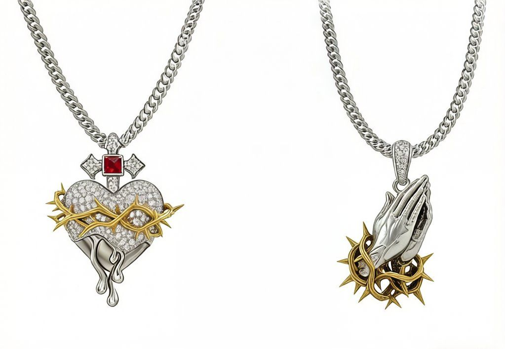 Two-Tone Crown of Thorns Sacred Heart / Praying Hands Pendant Christian Faith Jewelry