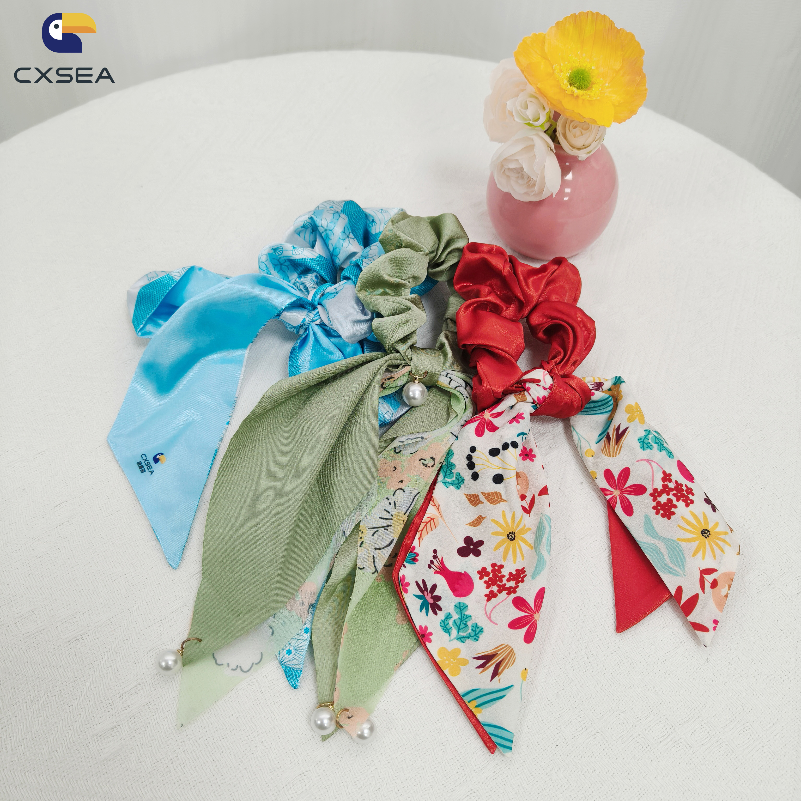 Custom Logo Design Fashionable Elastic Hair Band Girls Satin Printed Scrunchies Accessories Decoration Handmade ISO9001