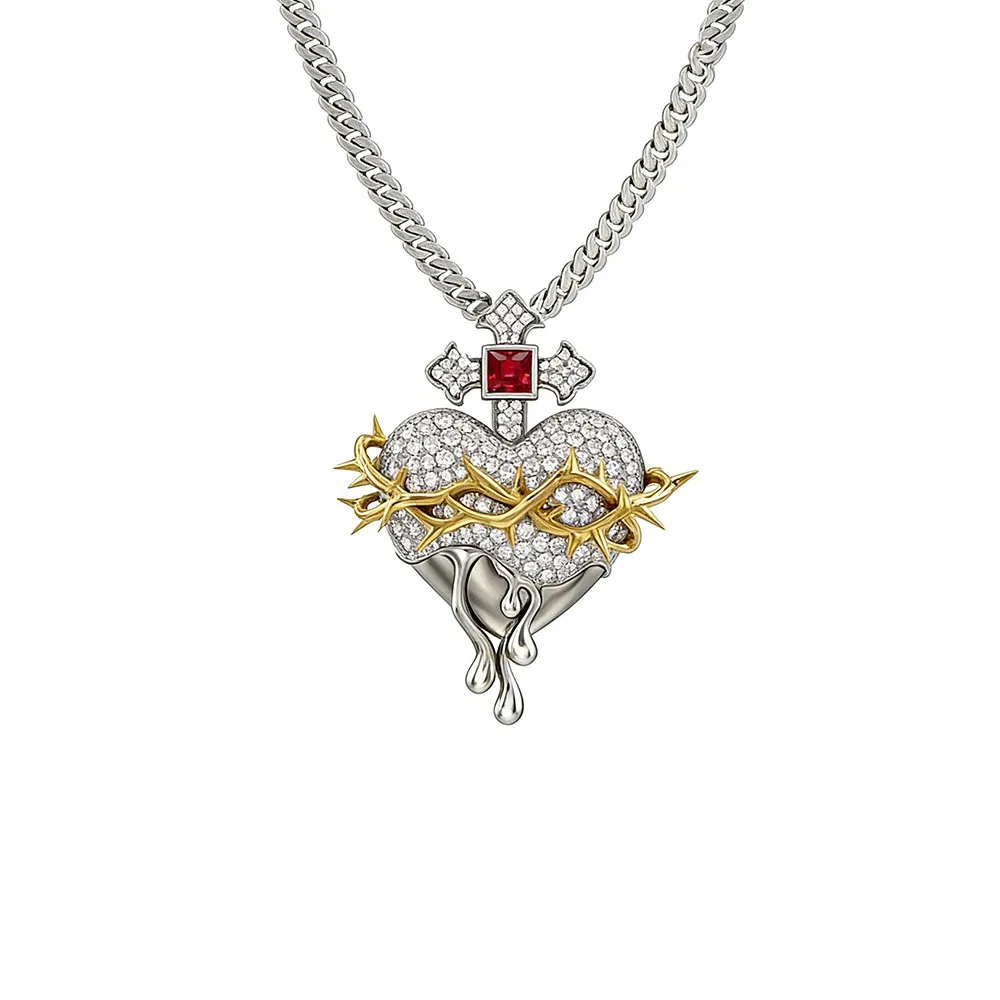 Two-Tone Crown of Thorns Sacred Heart / Praying Hands Pendant Christian Faith Jewelry