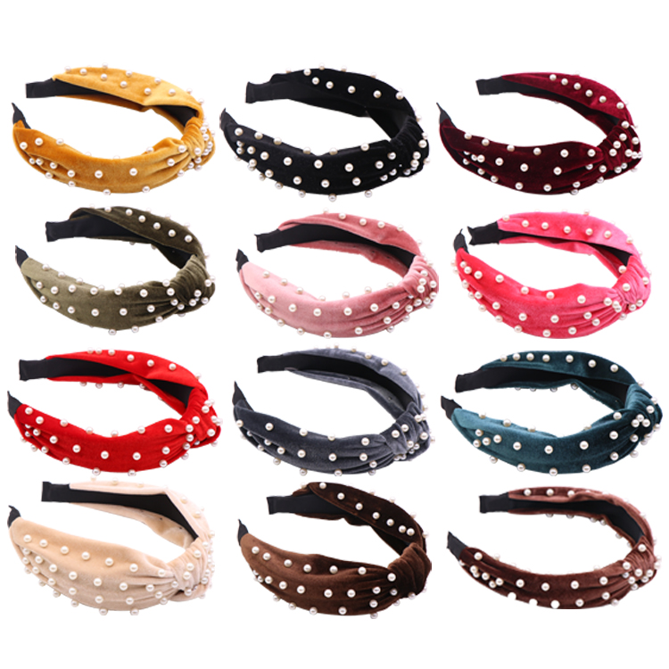 Manufacturer Customized Candy Color Thick Velvet Sponge Women Headband Pearl Hair Velvet Knotted Pearl Headband for Girls