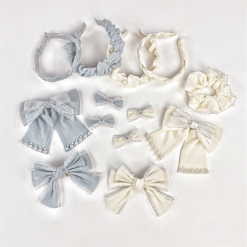 Wholesale Custom Fashion Hair Accessories Girls Sweet Fabric Elastic Hair Band Headbands Scrunchies Pearls Bow Hair Clip Set