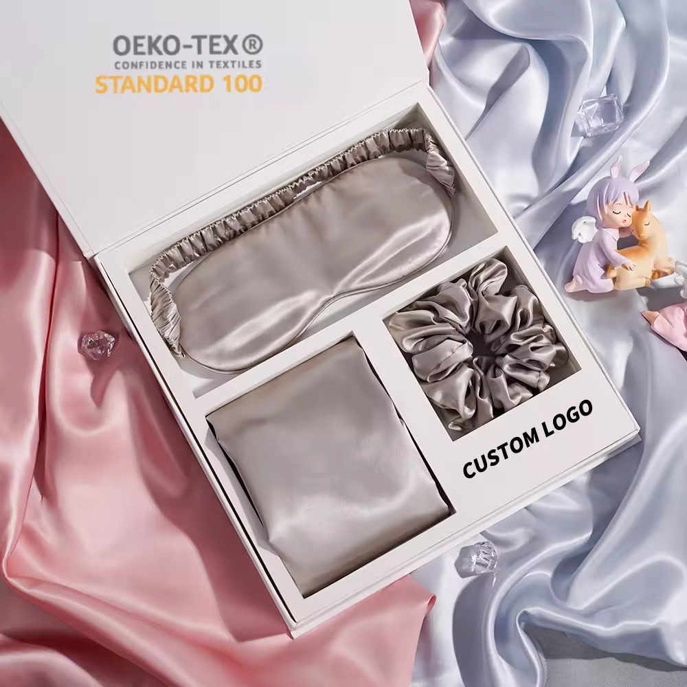 Luxury Silk Gift Set Custom Logo Hair Scrunchies Pillowcase And Sleep Mask 100% Mulberry 6A Grade Silk Pillow Case Box