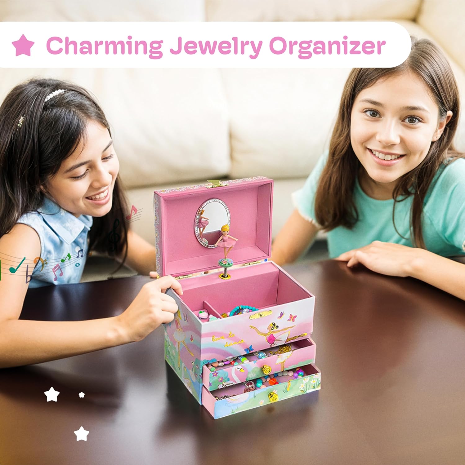 Jakos Manufacturer Ballet Style Girls' Jewelry Box with Spinning Ballerina Swan Lake Music 2 Drawers Pink 7x5x6 Inches