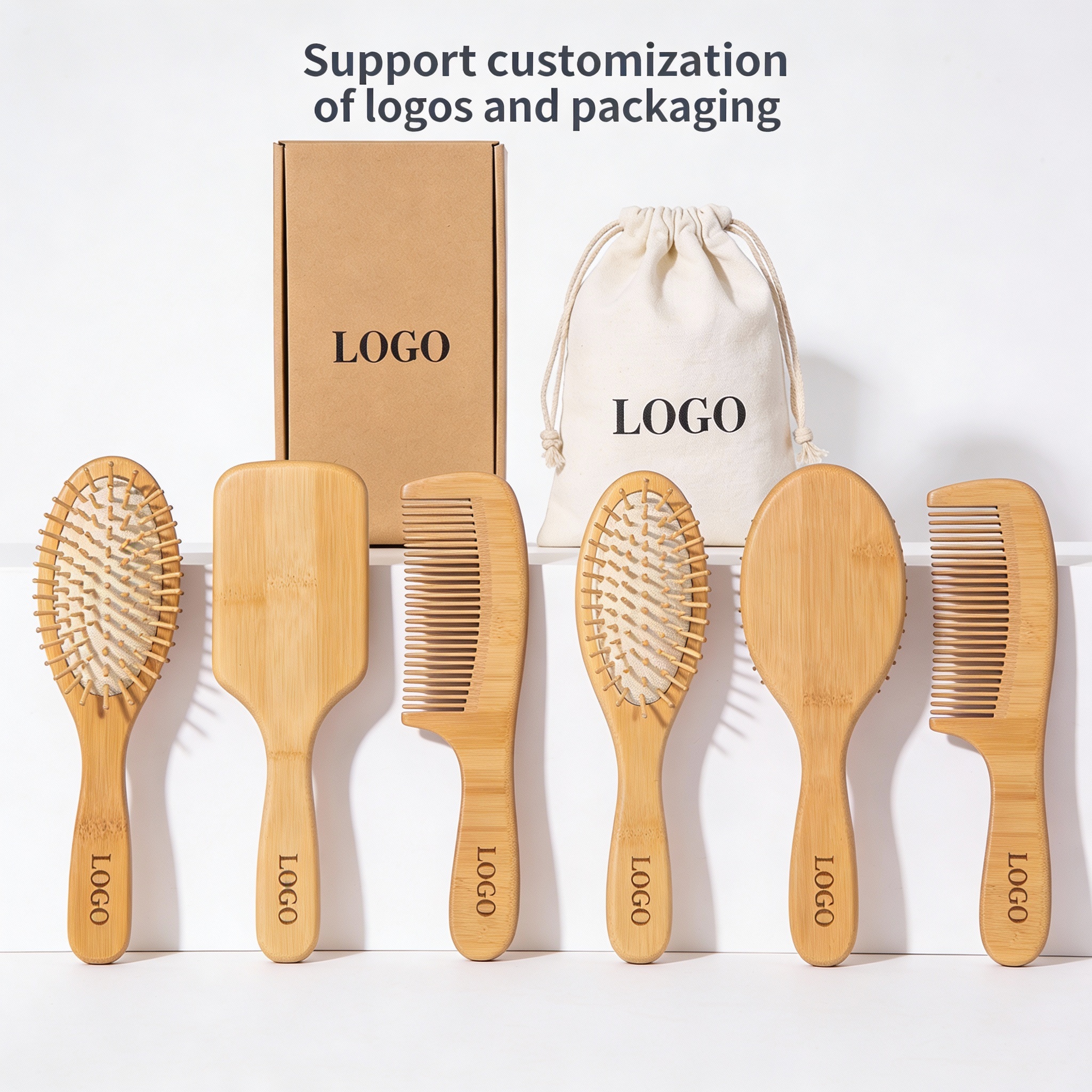 Custom Logo Bamboo Paddle Hair Brush Set Biodegradable Wooden Detangling Scalp Massage Hairbrush Bamboo Paddle Hair Brush