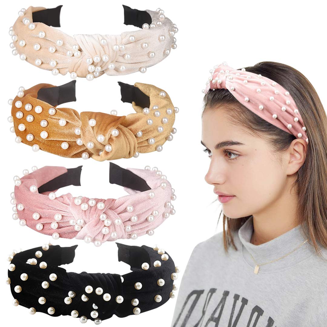 Manufacturer Customized Candy Color Thick Velvet Sponge Women Headband Pearl Hair Velvet Knotted Pearl Headband for Girls