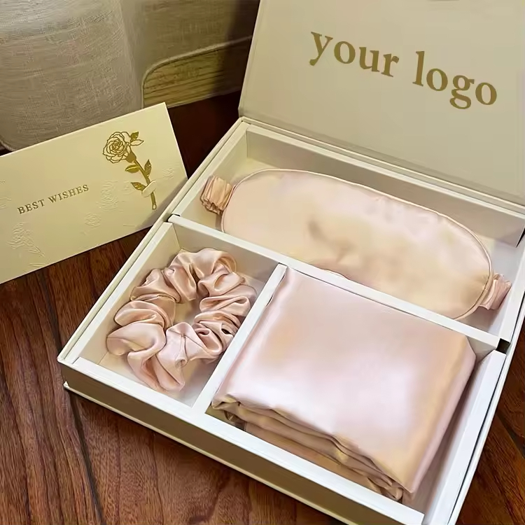 Luxury Silk Gift Set Custom Logo Hair Scrunchies Pillowcase And Sleep Mask 100% Mulberry 6A Grade Silk Pillow Case Box