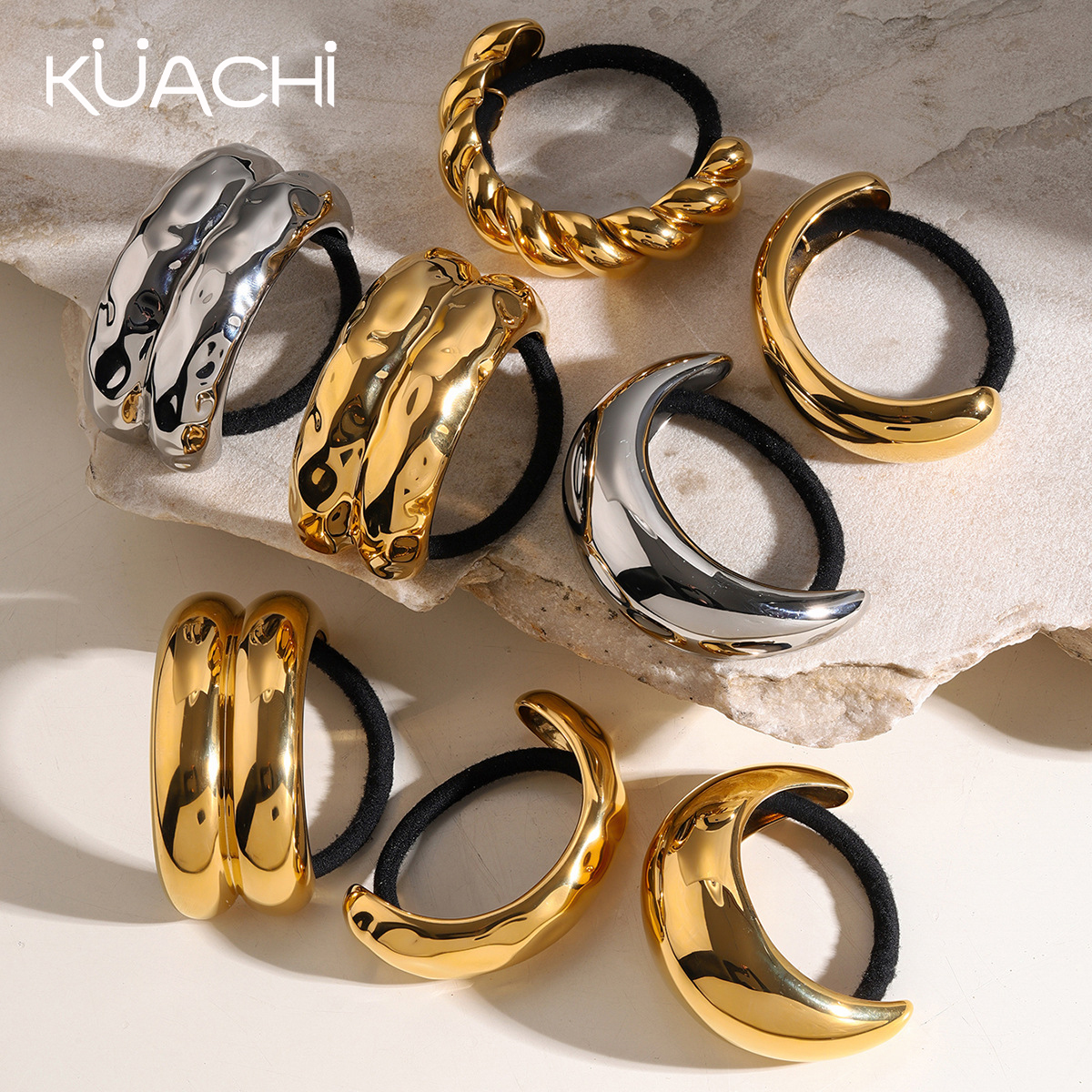 KUACHI New Design European and American Stainless Steel 18k Gold Elastic Hair Bands Luxury Semi-Circular Arc Metal Hair Tie