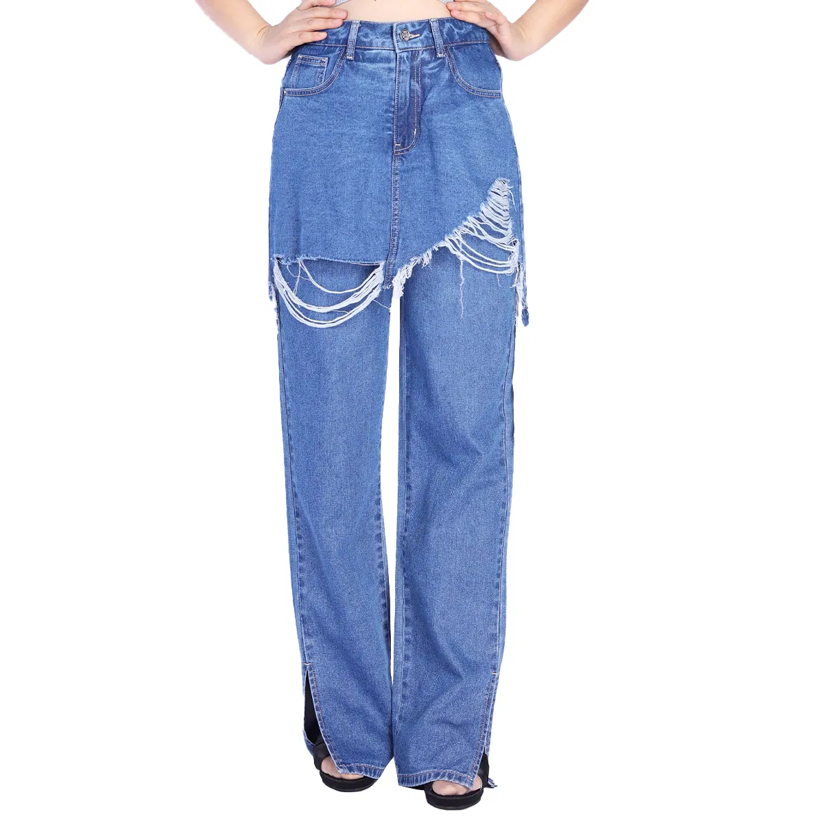 Custom Women Double Layer Patchwork Raw Hem Ripped Split Wide Leg Jeans